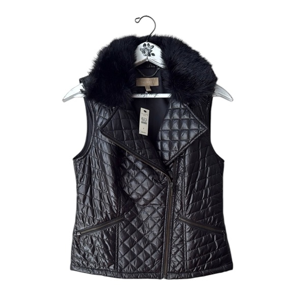 Talbots Shiny Black Quilted Faux Fur  Removable Collar Vest Size P - Picture 1 of 7